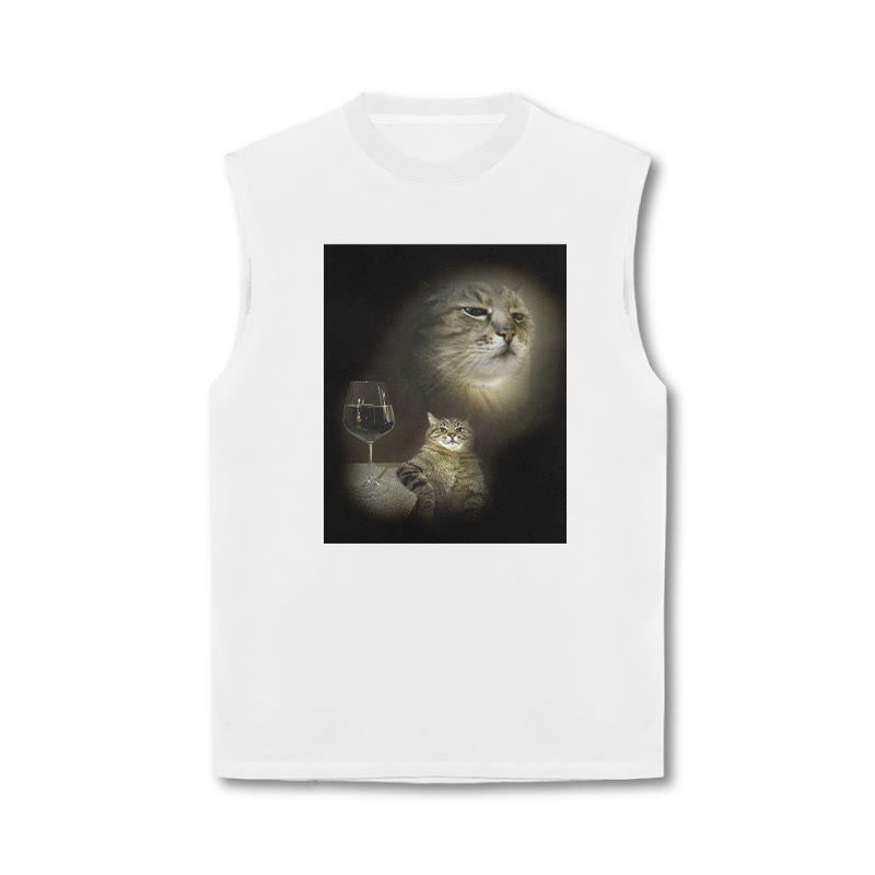 Unisex 100% Cotton Cat And Wine Print Tank Top - White - US16-18(2XL) - image 2