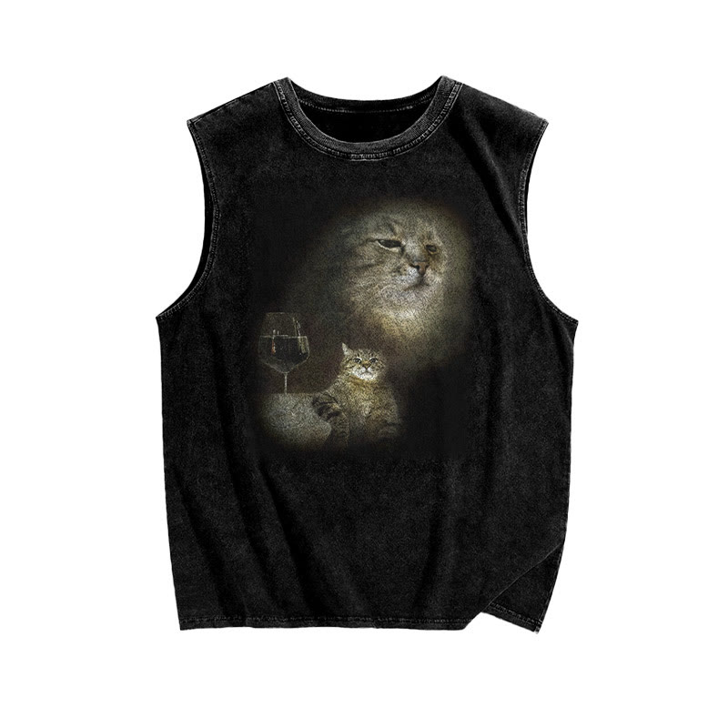 Unisex 100% Cotton Cat And Wine Print Washed Tank Top - Black - 3XL - image 1