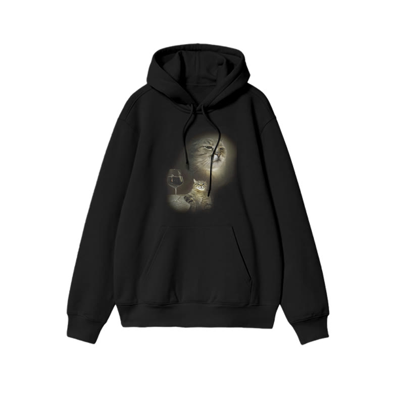 Unisex 100% Cotton Cat And Wine Print Hoodie - Black - US16-18(2XL) - image 1