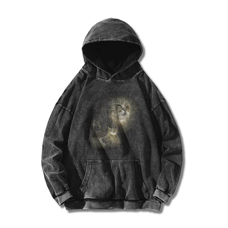 Unisex 100% Cotton Cat And Wine Printed Washed Hoodie  - Black - US16-18(2XL) - image 1