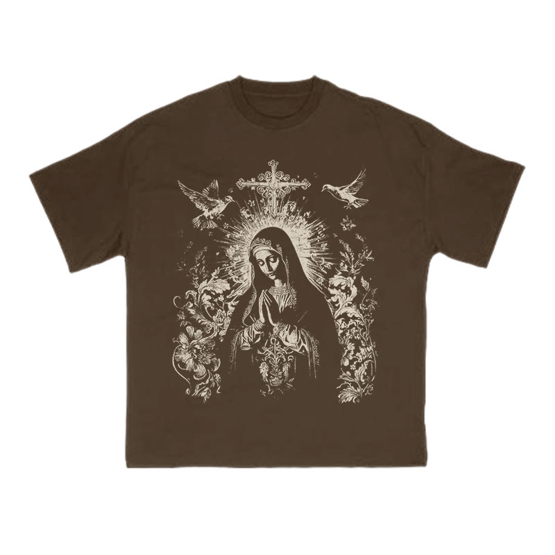 Unisex 100% Cotton Praying Virgin Mary Print T-shirt - Coffee - US16-18(2XL) - image 2