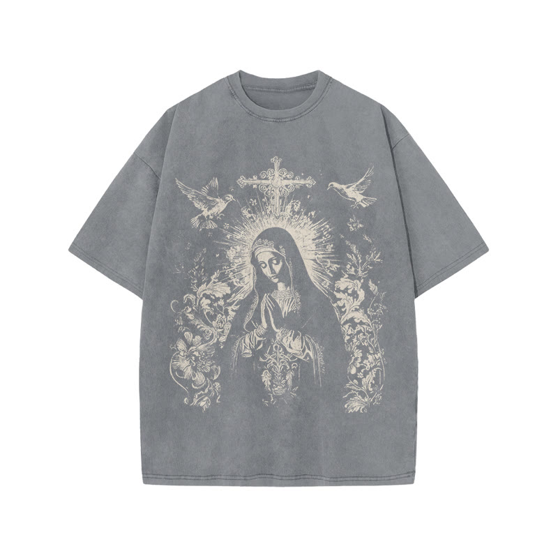 Unisex 100% Cotton Praying Virgin Mary Print Acid Washed T-shirt - Grey - US20-22(3XL) - image 2