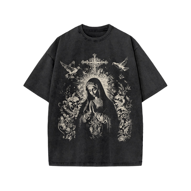 Unisex 100% Cotton Praying Virgin Mary Print Acid Washed T-shirt - Black - US20-22(3XL) - image 1