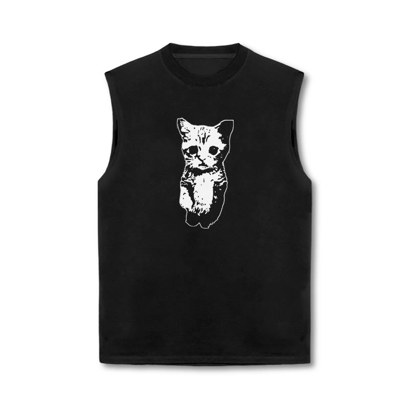 Unisex 100% Cotton Cute Cat Print Tank Top - Black - US16-18(2XL) - image 1