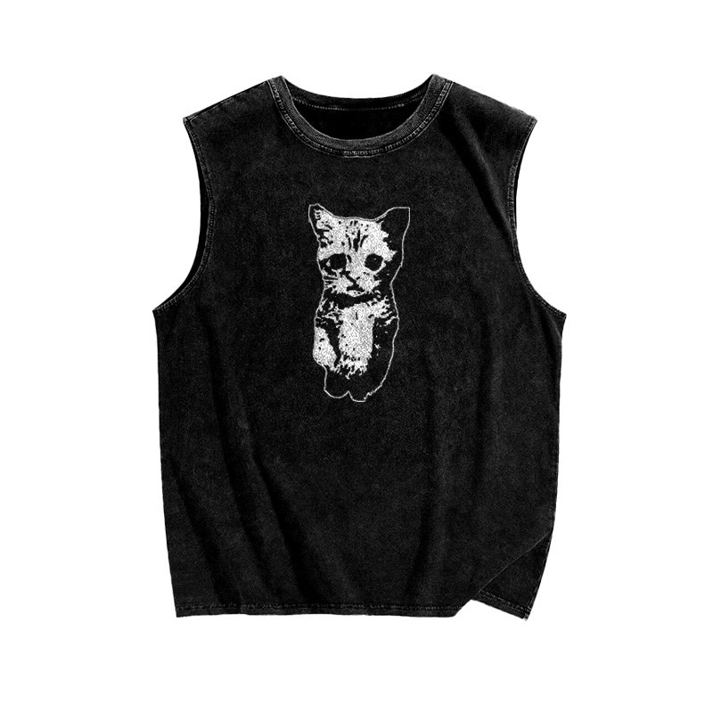 Unisex 100% Cotton Cute Cat Print Washed Tank Top - Black - 3XL - image 1