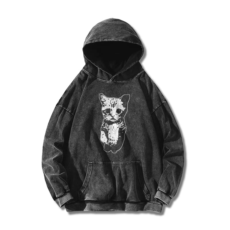 Unisex 100% Cotton Cute Cat Printed Washed Hoodie  - Black - US16-18(2XL) - image 1