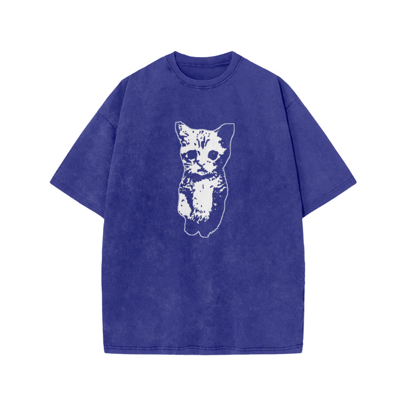Unisex 100% Cotton Cute Cat Print Acid Washed T-shirt - Blue - US20-22(3XL) - image 6