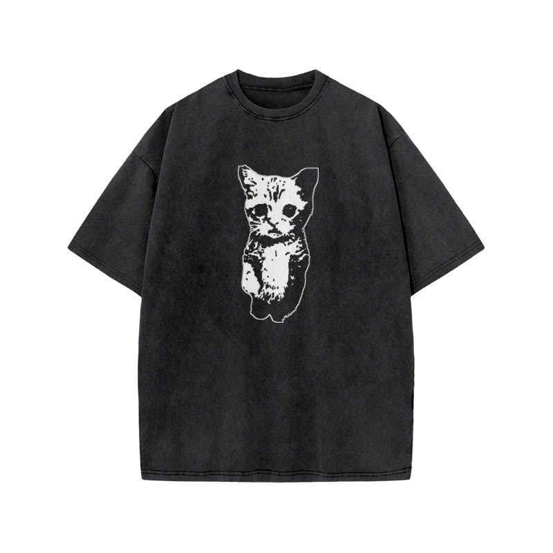 Unisex 100% Cotton Cute Cat Print Acid Washed T-shirt - Black - US20-22(3XL) - image 1