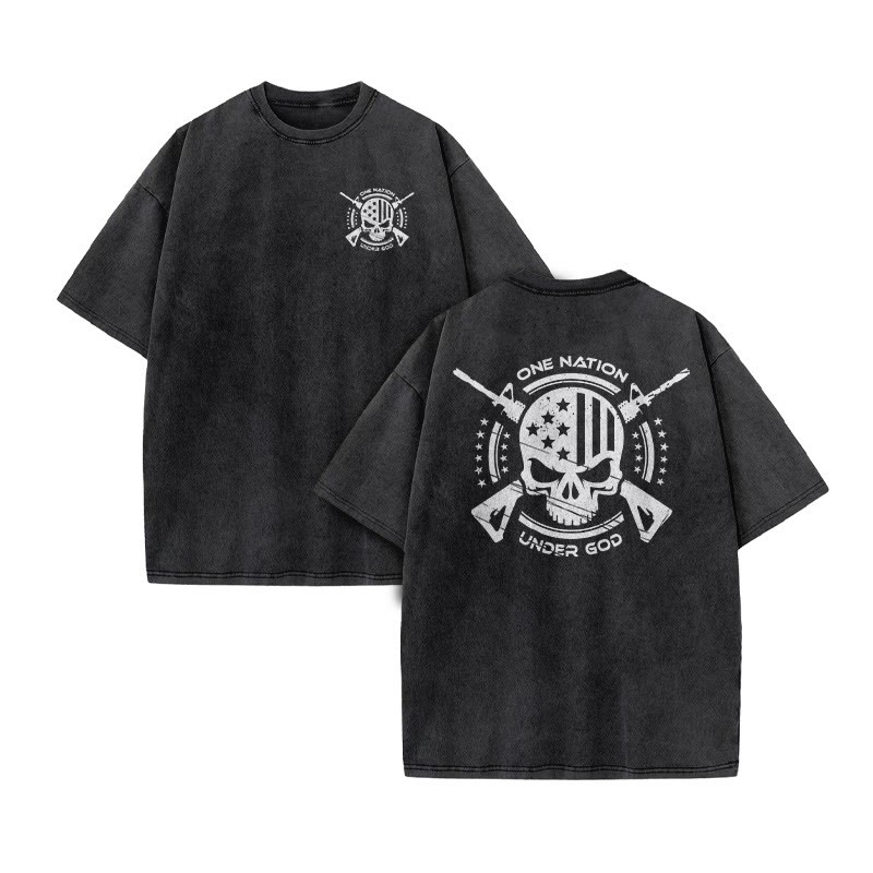 Unisex 100% Cotton One Nation Under God Print Acid Washed T-shirt - Black - US20-22(3XL) - image 2