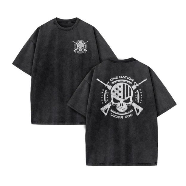 Unisex 100% Cotton One Nation Under God Print Acid Washed T-shirt - Black - US20-22(3XL) - image 2