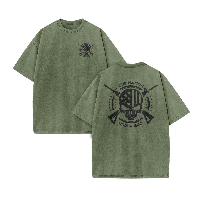 Unisex 100% Cotton One Nation Under God Print Acid Washed T-shirt - Army Green - US20-22(3XL) - image 1