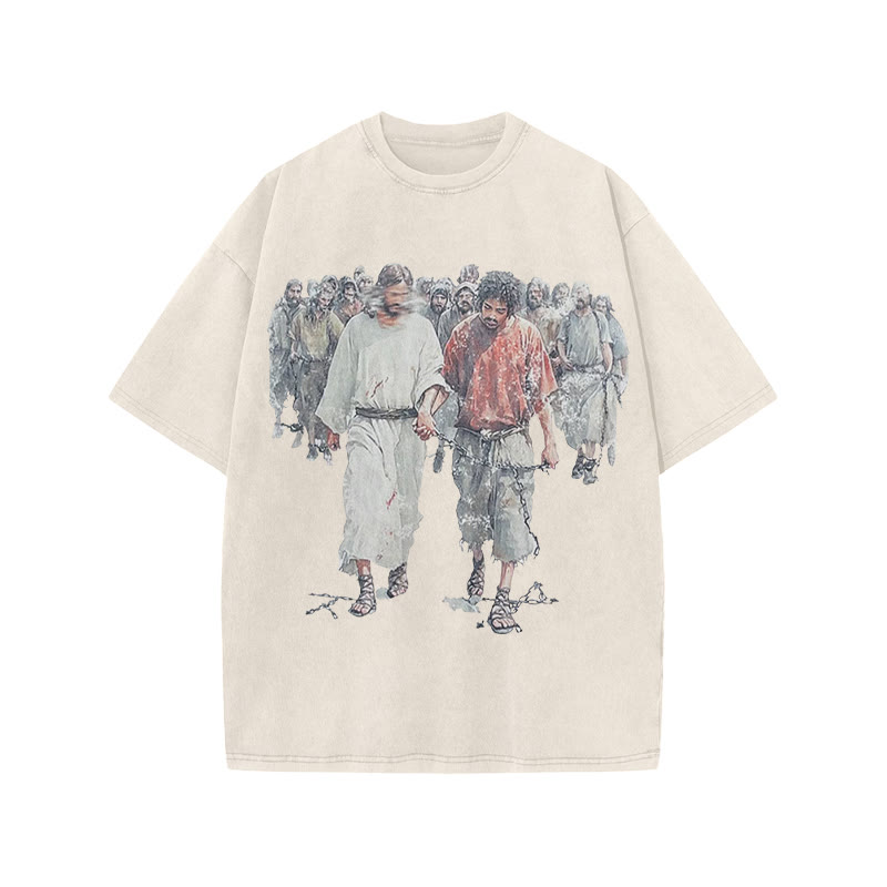 Unisex 100% Cotton Bear The Yoke Together, Suffer Together Print Acid Washed T-shirt - Beige - US20-22(3XL) - image 2