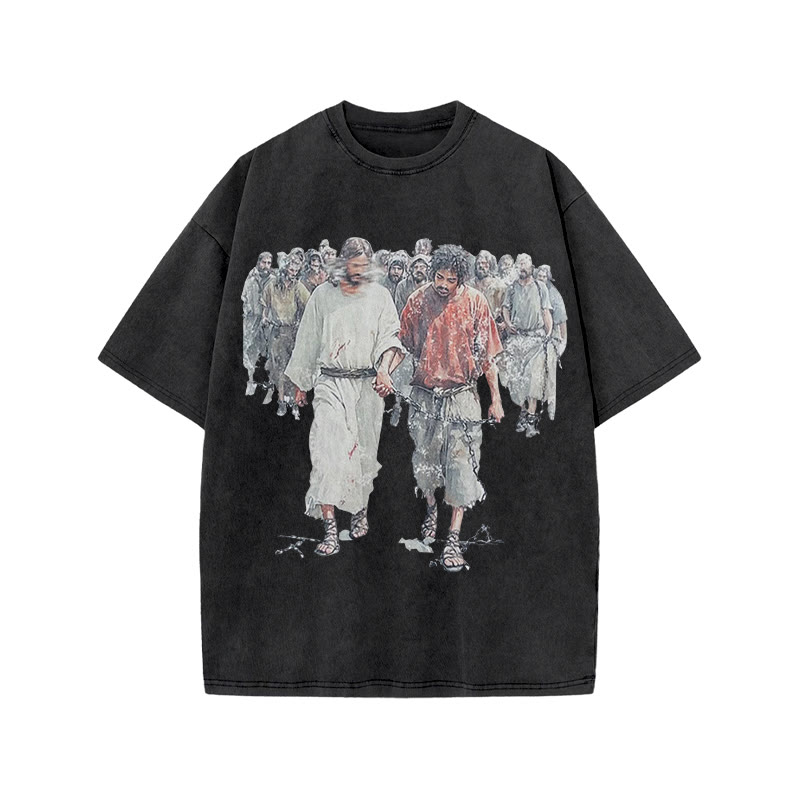 Unisex 100% Cotton Bear The Yoke Together, Suffer Together Print Acid Washed T-shirt - Black - US20-22(3XL) - image 1