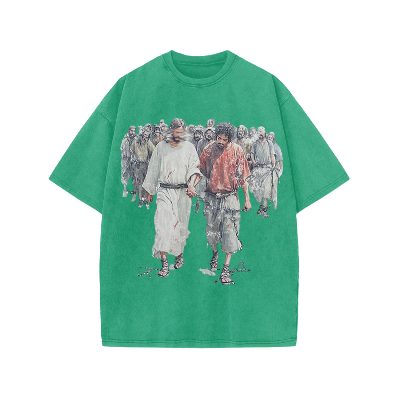 Unisex 100% Cotton Bear The Yoke Together, Suffer Together Print Acid Washed T-shirt - Green - US20-22(3XL) - image 8