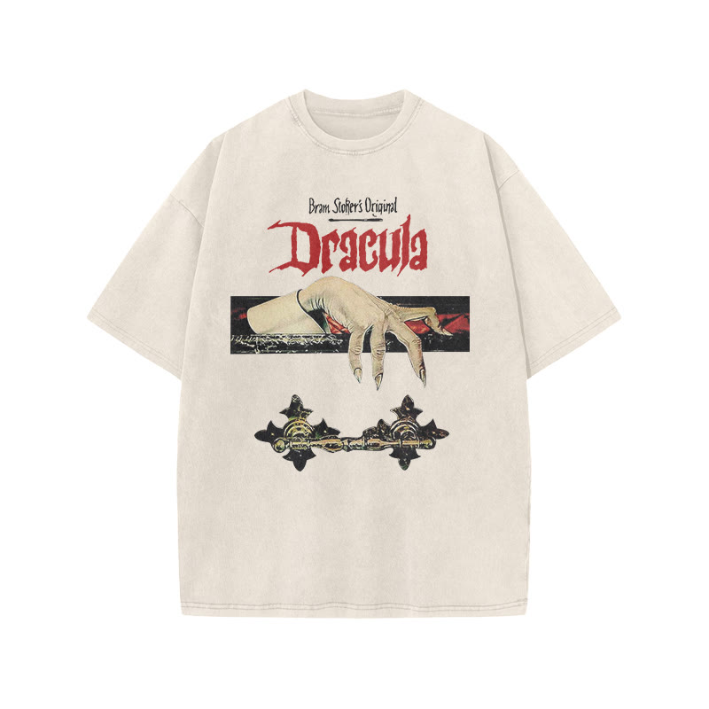 Unisex 100% Cotton Dracula Hand Print Acid Washed T-shirt - Beige - US20-22(3XL) - image 2