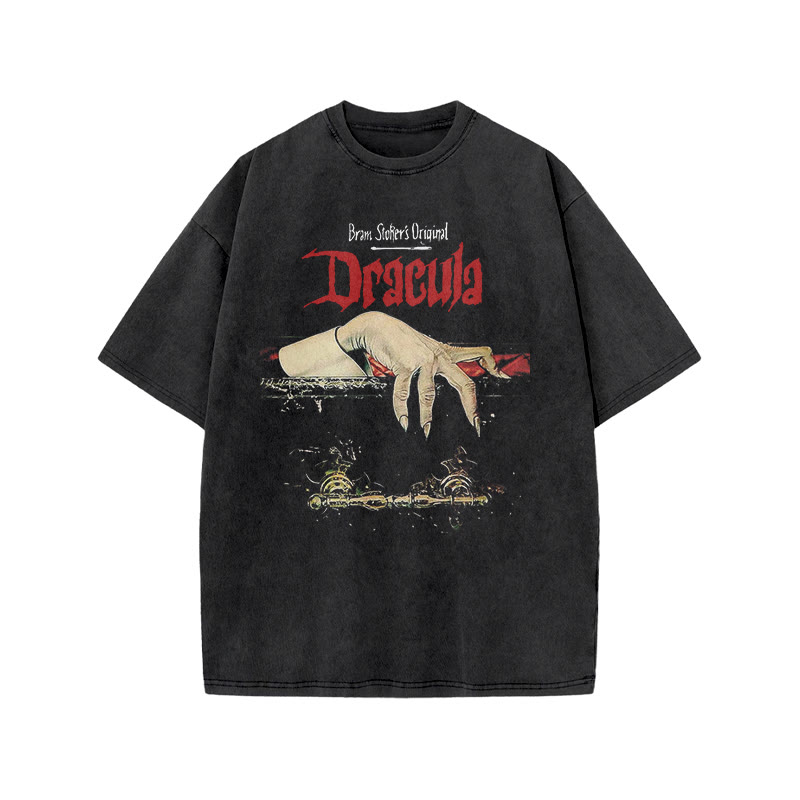 Unisex 100% Cotton Dracula Hand Print Acid Washed T-shirt - Black - US20-22(3XL) - image 1