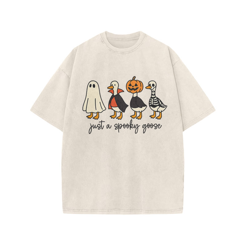Unisex 100% Cotton Just A Spooky Goose Print Acid Washed T-shirt - Beige - US20-22(3XL) - image 4