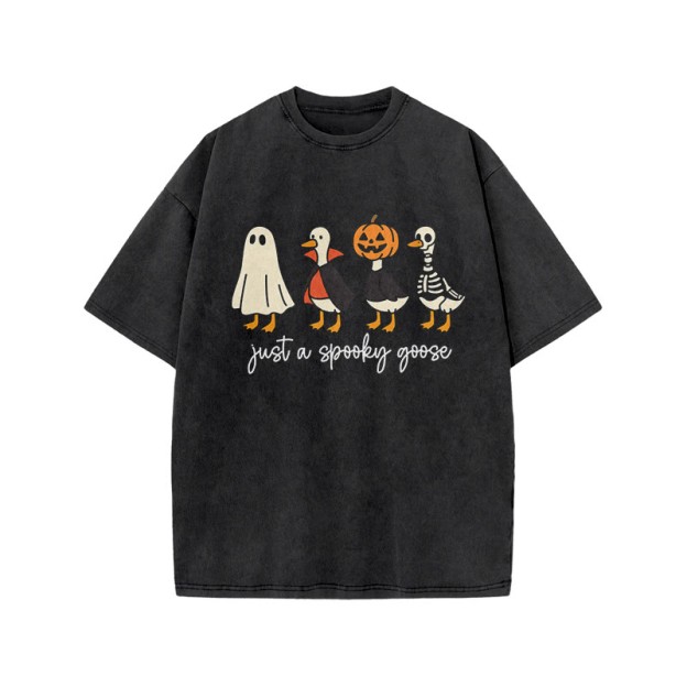 Unisex 100% Cotton Just A Spooky Goose Print Acid Washed T-shirt - Black - US20-22(3XL) - image 2