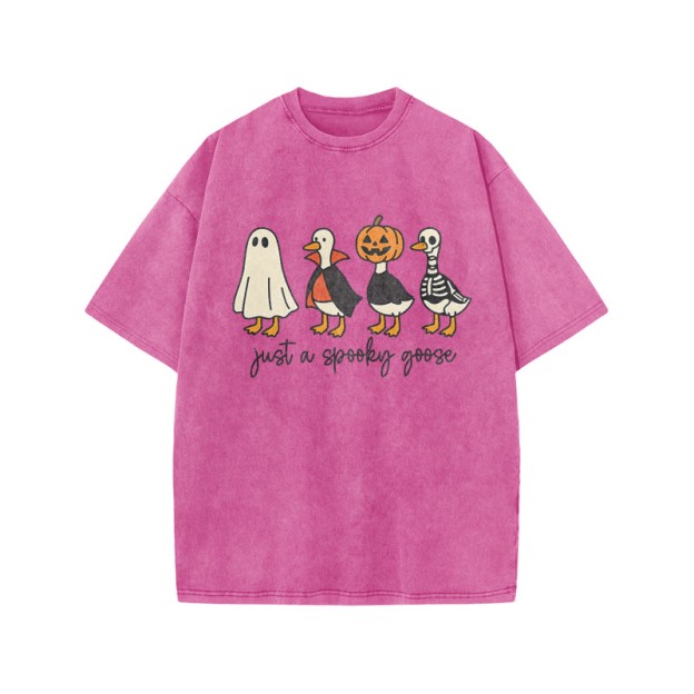 Unisex 100% Cotton Just A Spooky Goose Print Acid Washed T-shirt - Pink - US20-22(3XL) - image 3