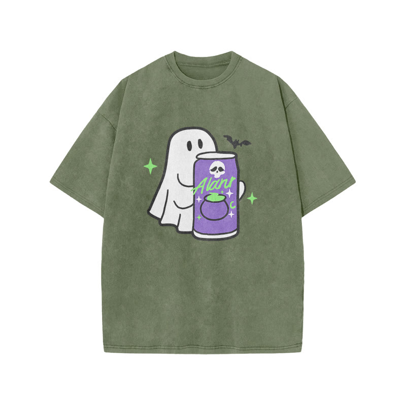 Unisex 100% Cotton Cute Ghost Print Acid Washed T-shirt - Army Green - US20-22(3XL) - image 4