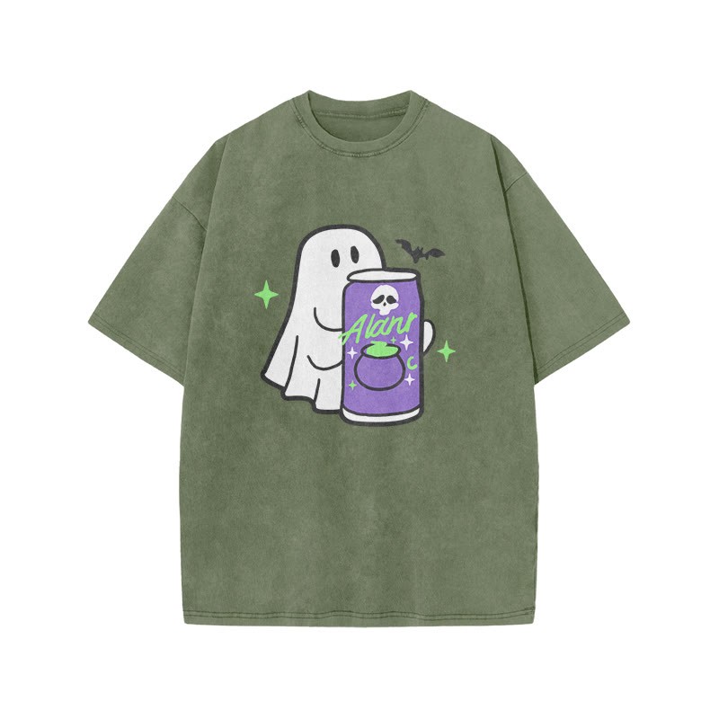 Unisex 100% Cotton Cute Ghost Print Acid Washed T-shirt - Army Green - US20-22(3XL) - image 4