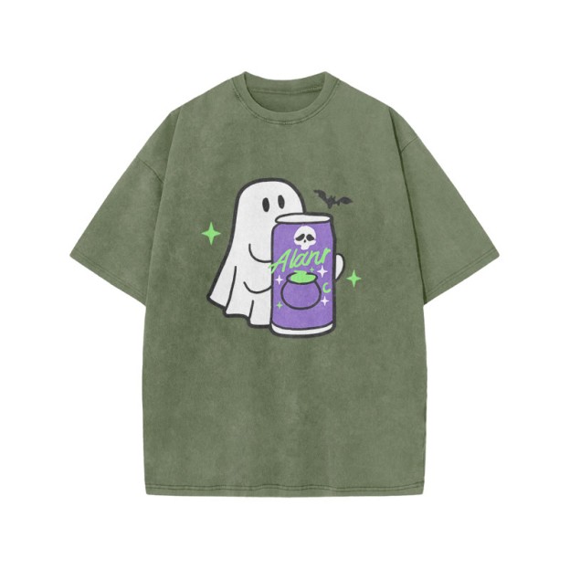 Unisex 100% Cotton Cute Ghost Print Acid Washed T-shirt - Army Green - US20-22(3XL) - image 4