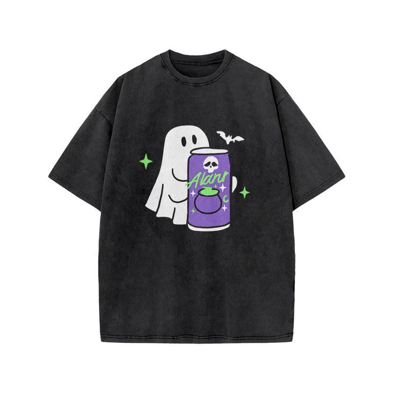 Unisex 100% Cotton Cute Ghost Print Acid Washed T-shirt - Black - US20-22(3XL) - image 2
