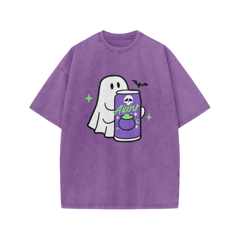 Unisex 100% Cotton Cute Ghost Print Acid Washed T-shirt - Purple - US20-22(3XL) - image 1