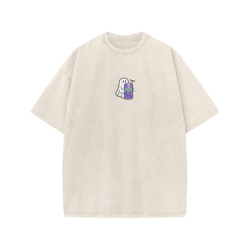 Unisex 100% Cotton Cute Ghost Print Acid Washed T-shirt - Beige - US20-22(3XL) - image 3