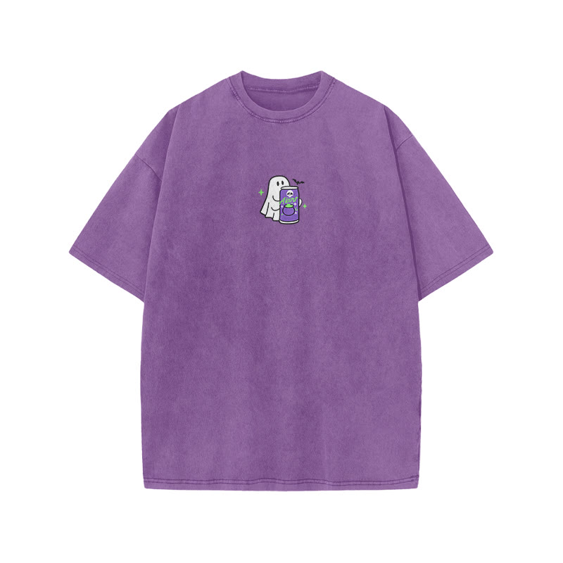 Unisex 100% Cotton Cute Ghost Print Acid Washed T-shirt - Purple - US20-22(3XL) - image 1