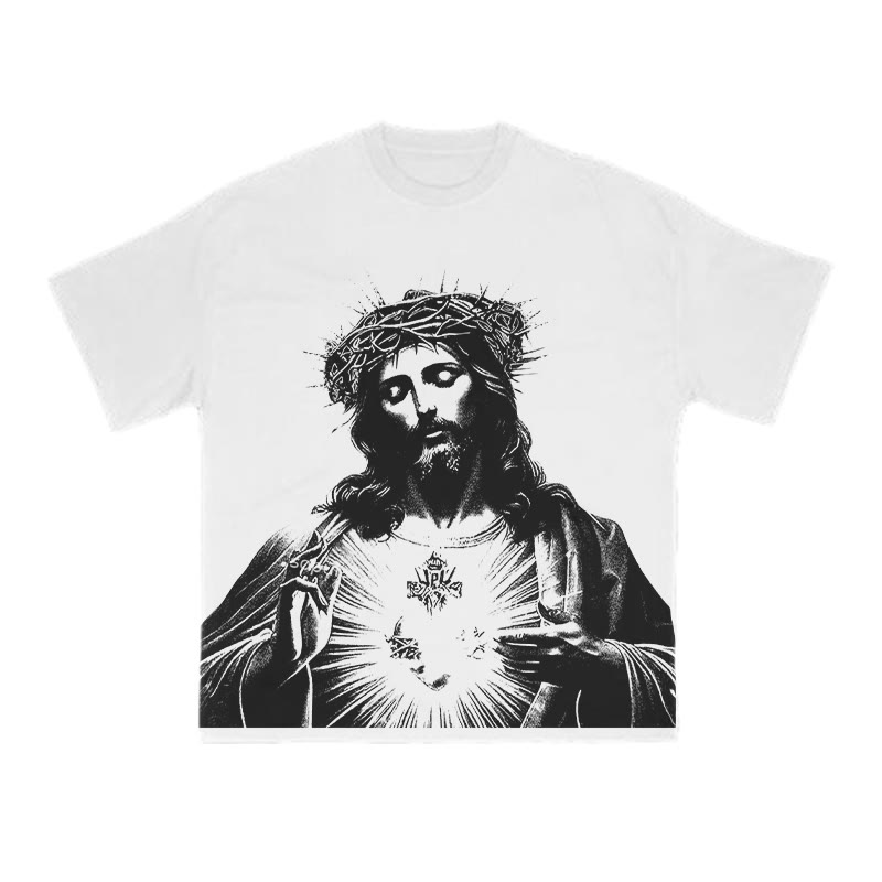 Unisex 100% Cotton Sacred Heart Of Jesus Print T-shirt - White - US16-18(2XL) - image 2