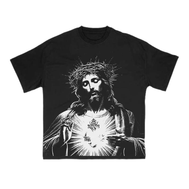 Unisex 100% Cotton Sacred Heart Of Jesus Print T-shirt - Black - US16-18(2XL) - image 1