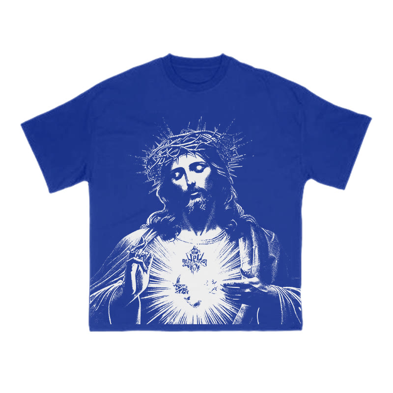 Unisex 100% Cotton Sacred Heart Of Jesus Print T-shirt - Blue - US16-18(2XL) - image 7