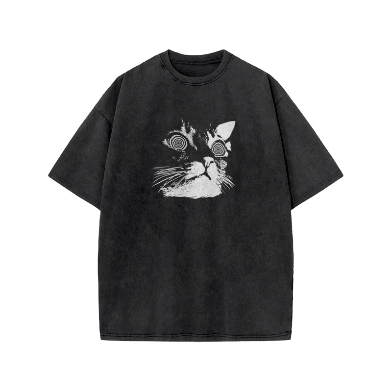 Unisex 100% Cotton Hypnotic Cat Print Acid Washed T-shirt - Black - US20-22(3XL) - image 1