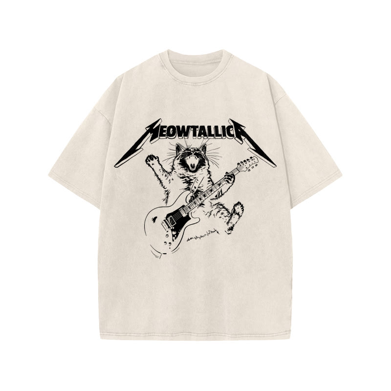 Unisex 100% Cotton Bassist Cat Print Acid Washed T-shirt - Beige - US20-22(3XL) - image 2