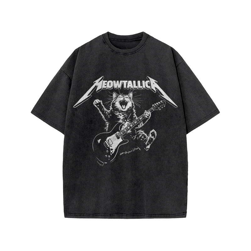 Unisex 100% Cotton Bassist Cat Print Acid Washed T-shirt - Black - US20-22(3XL) - image 1