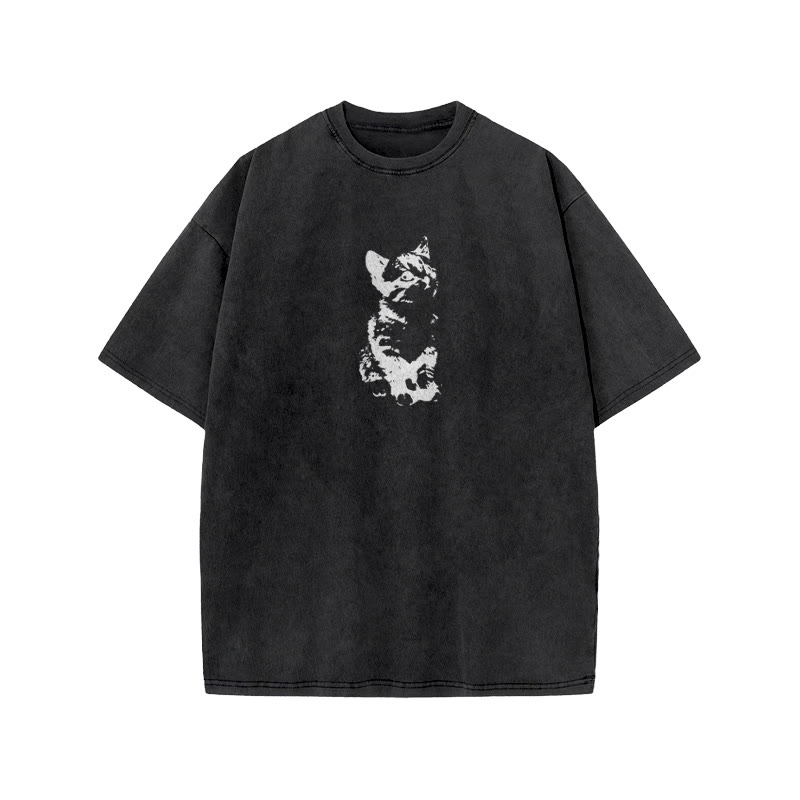Unisex 100% Cotton Cute Cat Print Acid Washed T-shirt - Black - US20-22(3XL) - image 2