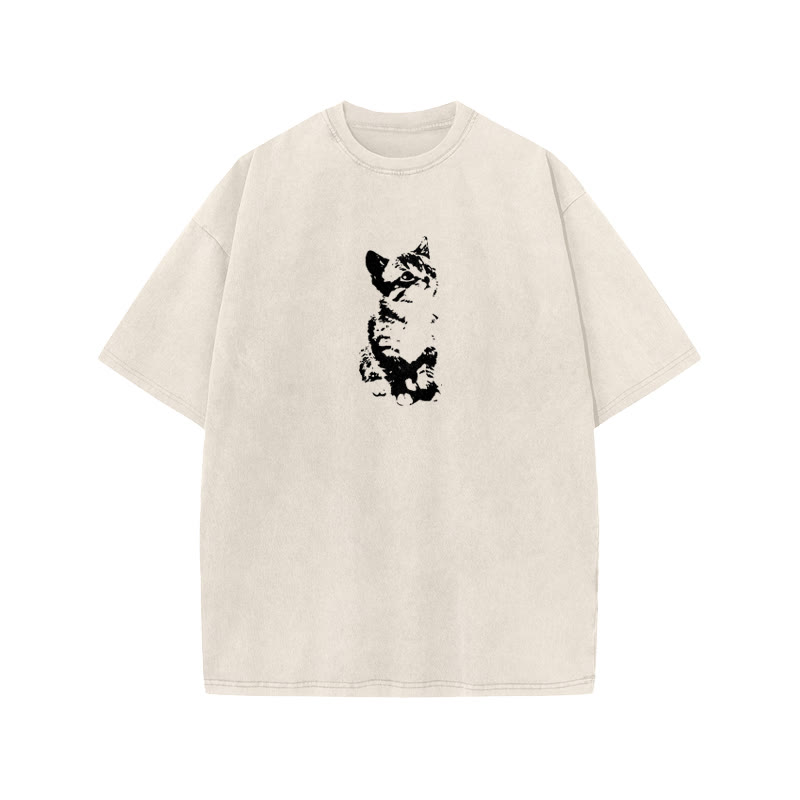 Unisex 100% Cotton Cute Cat Print Acid Washed T-shirt - Beige - US20-22(3XL) - image 1