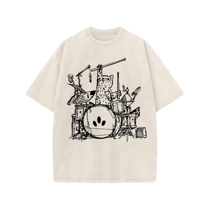 Unisex 100% Cotton Rock Cat Print Acid Washed T-shirt - Beige - US20-22(3XL) - image 1