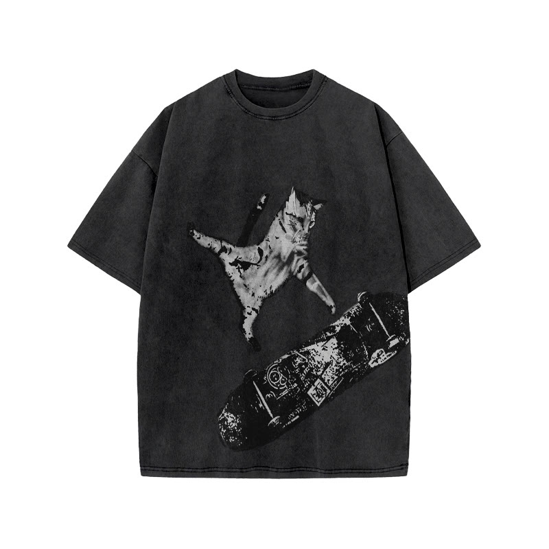 Unisex 100% Cotton Street Skate Cat Print Acid Washed T-shirt - Black - US20-22(3XL) - image 2