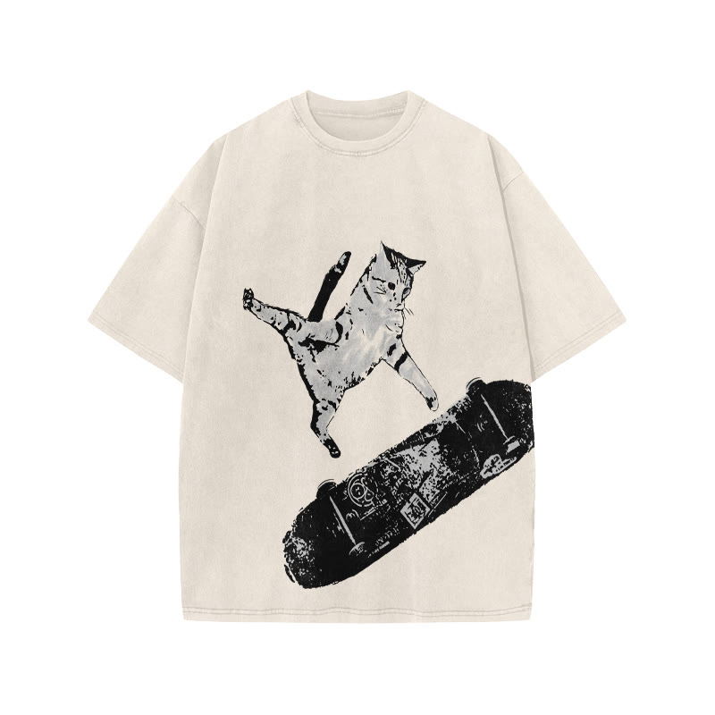 Unisex 100% Cotton Street Skate Cat Print Acid Washed T-shirt - Beige - US20-22(3XL) - image 1