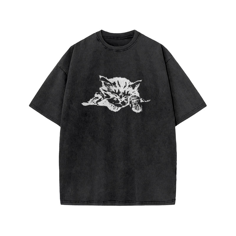 Unisex 100% Cotton Quiet Sleeping Cat Print Acid Washed T-shirt - Black - US20-22(3XL) - image 2
