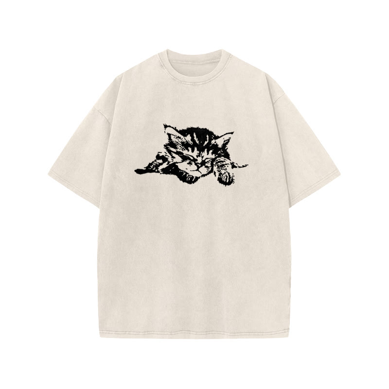 Unisex 100% Cotton Quiet Sleeping Cat Print Acid Washed T-shirt - Beige - US20-22(3XL) - image 1
