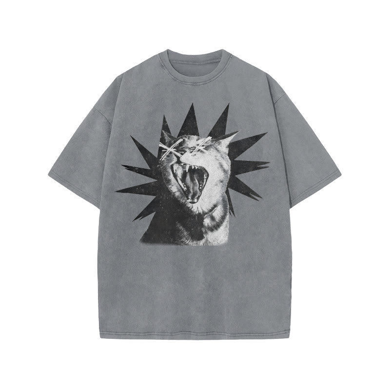 Unisex 100% Cotton Shout Cat Print Acid Washed T-shirt - Grey - US20-22(3XL) - image 4