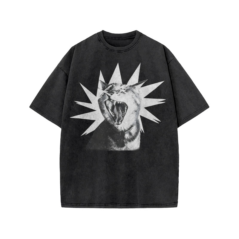 Unisex 100% Cotton Shout Cat Print Acid Washed T-shirt - Black - US20-22(3XL) - image 1