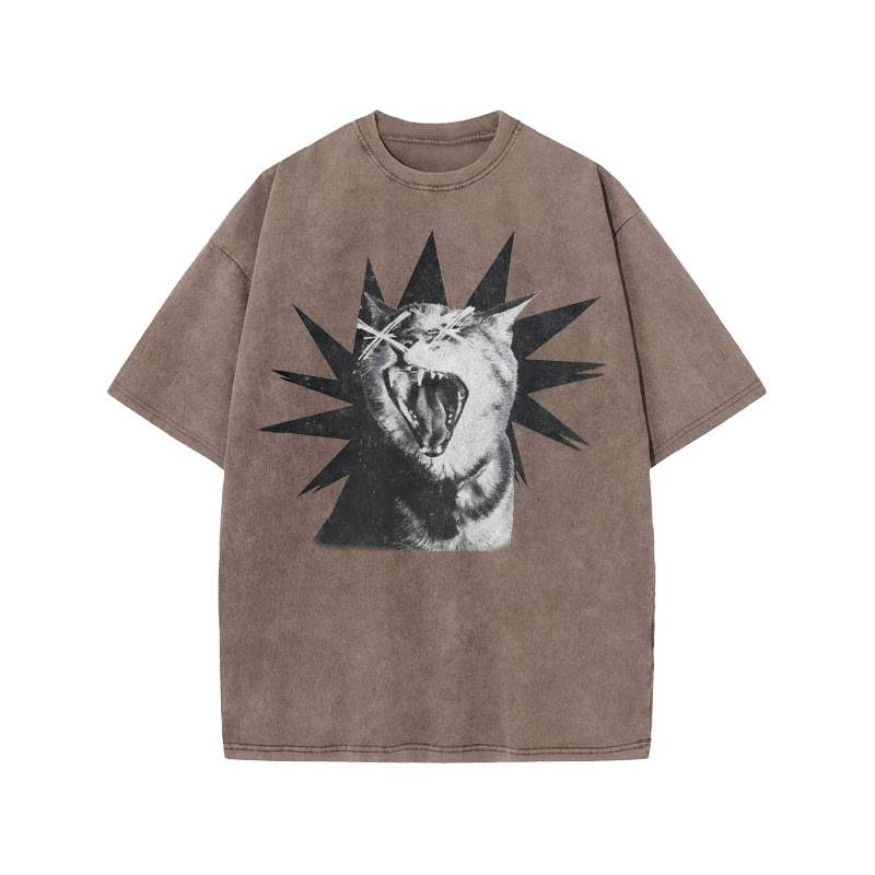 Unisex 100% Cotton Shout Cat Print Acid Washed T-shirt - Coffee - US20-22(3XL) - image 3