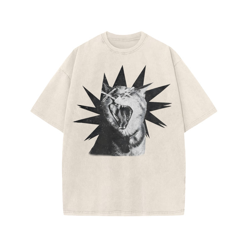 Unisex 100% Cotton Shout Cat Print Acid Washed T-shirt - Beige - US20-22(3XL) - image 2