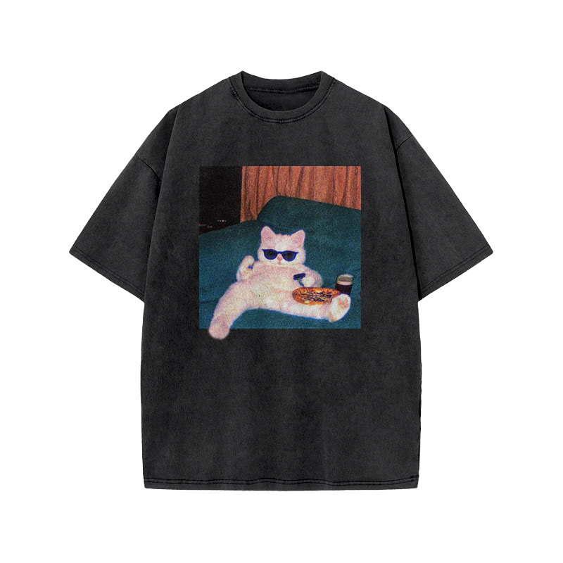 Unisex 100% Cotton Cool Cat Print Acid Washed T-shirt - Black - US20-22(3XL) - image 1
