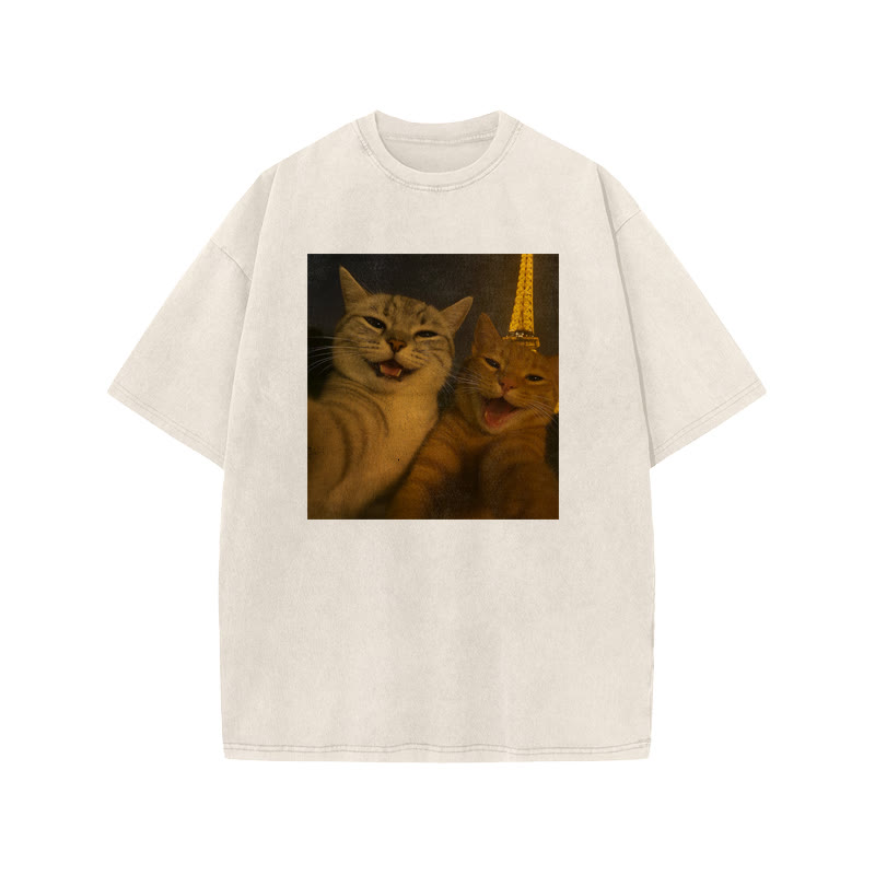Unisex 100% Cotton Selfie Cat Print Acid Washed T-shirt - Beige - US20-22(3XL) - image 2