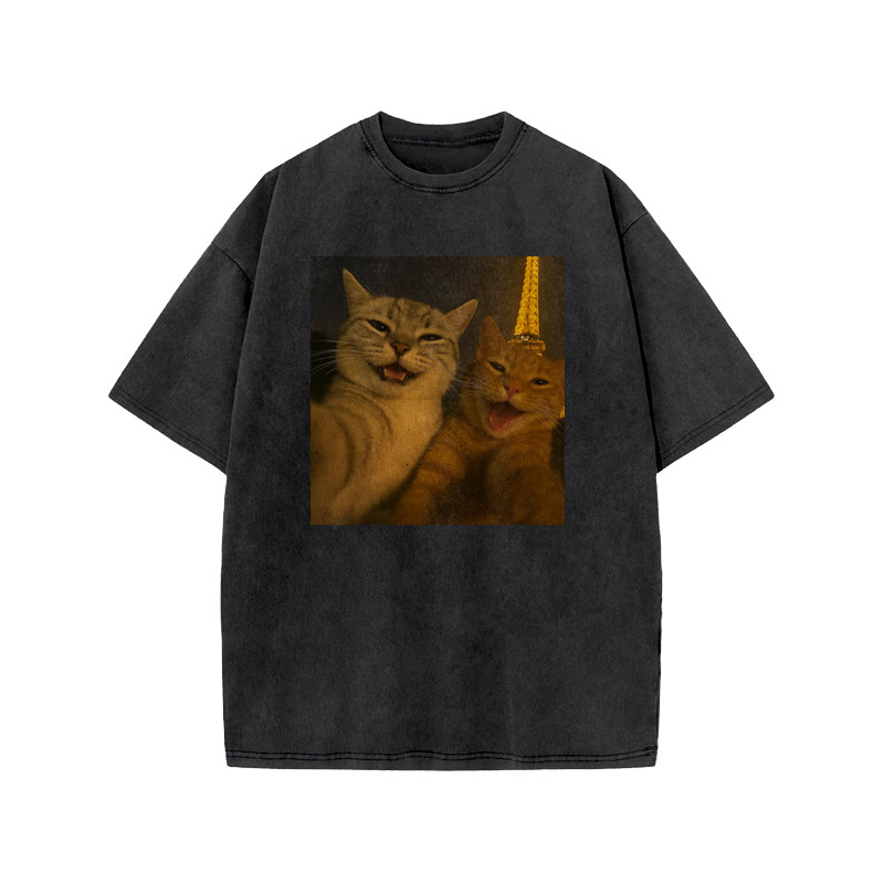 Unisex 100% Cotton Selfie Cat Print Acid Washed T-shirt - Black - US20-22(3XL) - image 1